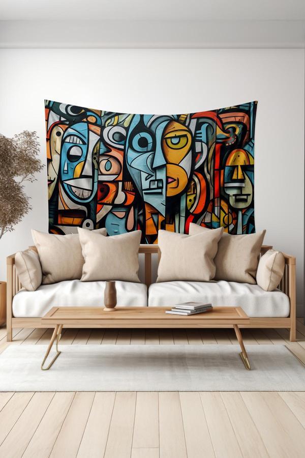 Moud'S Renkli Yüzler Desenli Duvar Halısı Duvar Örtüsü Tapestry Süet Dokulu Kumaş - Image 1