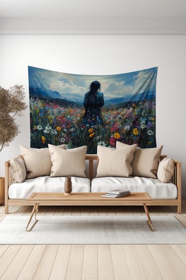 Moud'S Çiçek Tarlasındaki Yalnızlık Desenli Duvar Halısı Duvar Örtüsü Tapestry Süet Dokulu Kumaş - Image 1