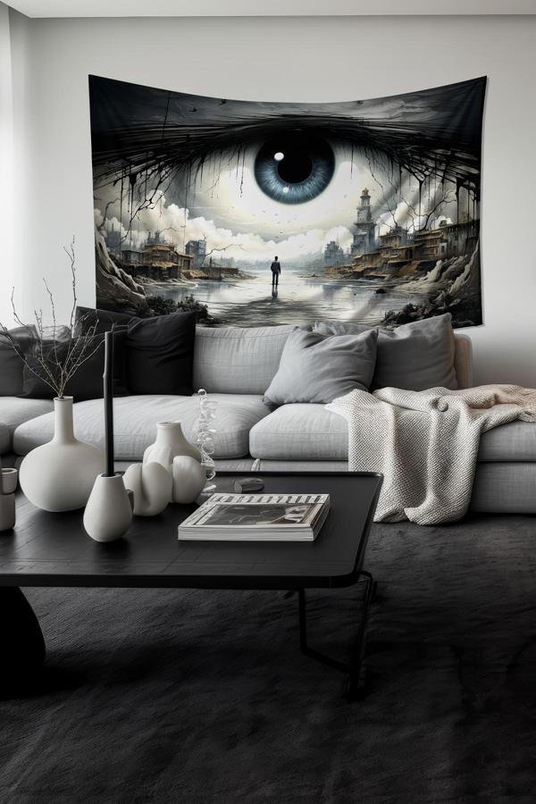 Moud'S Gözün İçindeki Dünya Desenli Duvar Halısı Duvar Örtüsü Tapestry Süet Dokulu Kumaş - Image 1