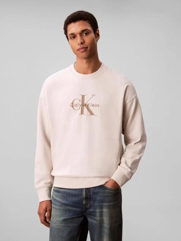 Calvin Klein Jeans Uzun Kollu 350gr Penye Monologolu Bisiklet Yaka Erkek Beyaz Sweatshirt LV04RD242G - Image 1