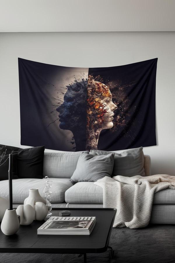Moud'S Yin Yang Yüzler Desenli Duvar Halısı Duvar Örtüsü Tapestry Süet Dokulu Kumaş - Image 1