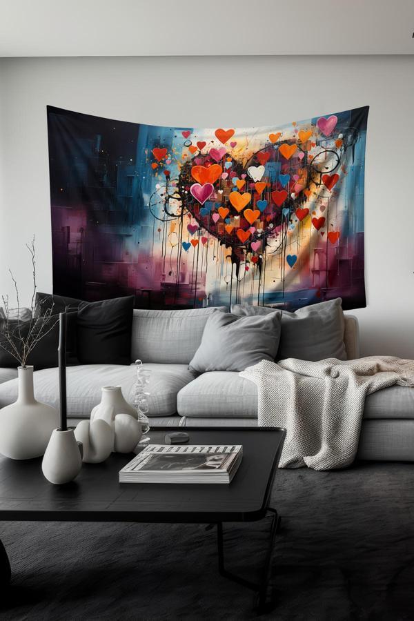 Moud'S Renkli Kalplerin Dansı Desenli Duvar Halısı Duvar Örtüsü Tapestry Süet Dokulu Kumaş - Image 1