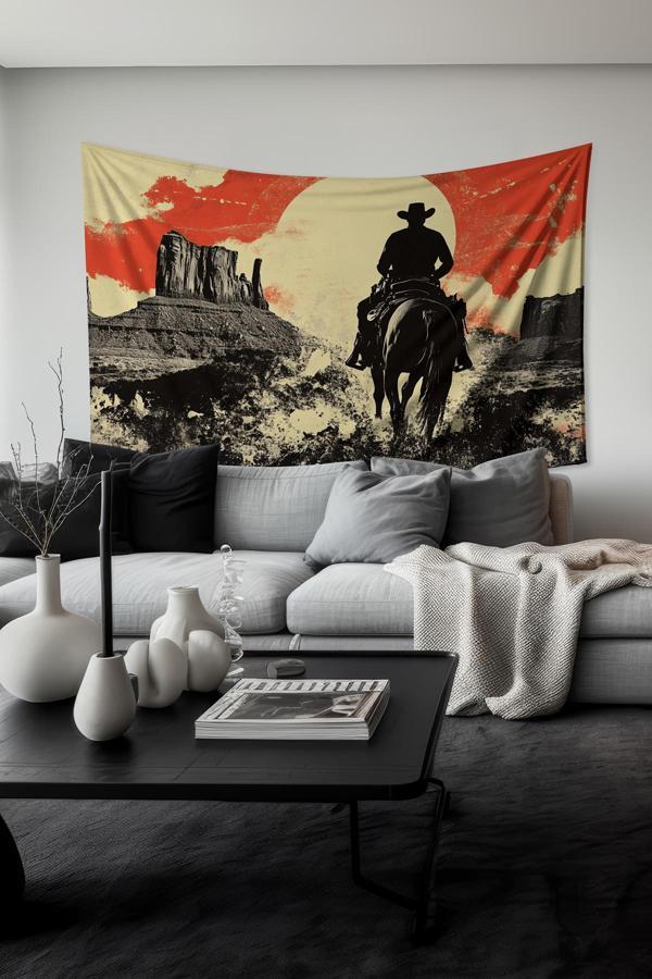 Moud'S Kovboy Ve Gün Batımı Desenli Duvar Halısı Duvar Örtüsü Tapestry Süet Dokulu Kumaş - Image 1