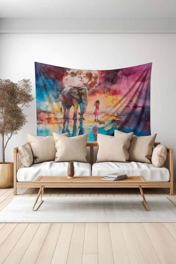 Moud'S Ay Işığı Fil Ve Kız Desenli Duvar Halısı Duvar Örtüsü Tapestry Süet Dokulu Kumaş - Image 1