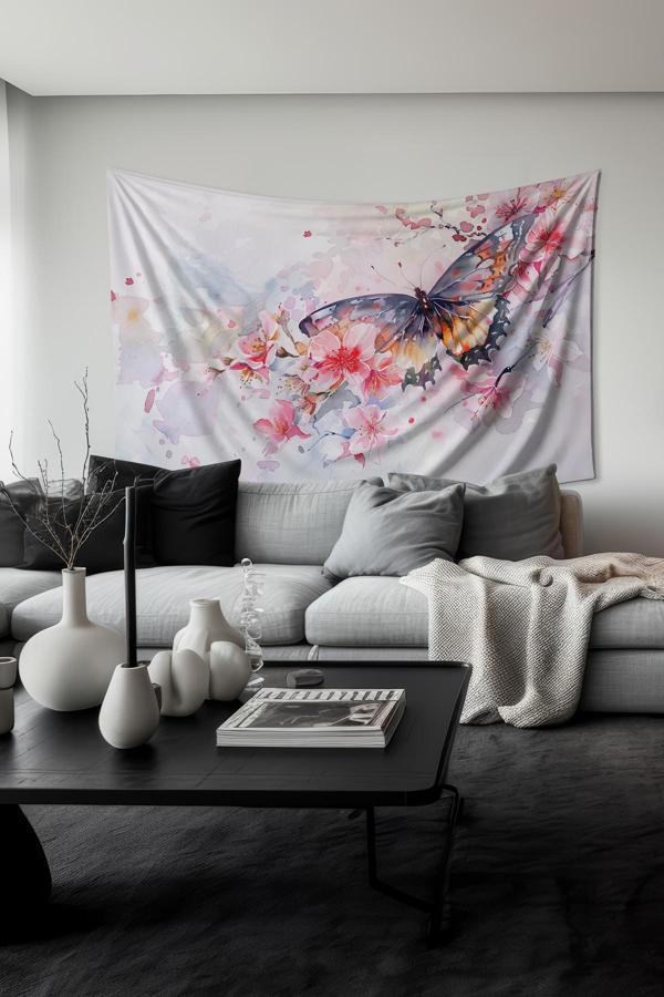 Moud'S Pembe Çiçek Ve Kelebek Desenli Duvar Halısı Duvar Örtüsü Tapestry Süet Dokulu Kumaş - Image 1