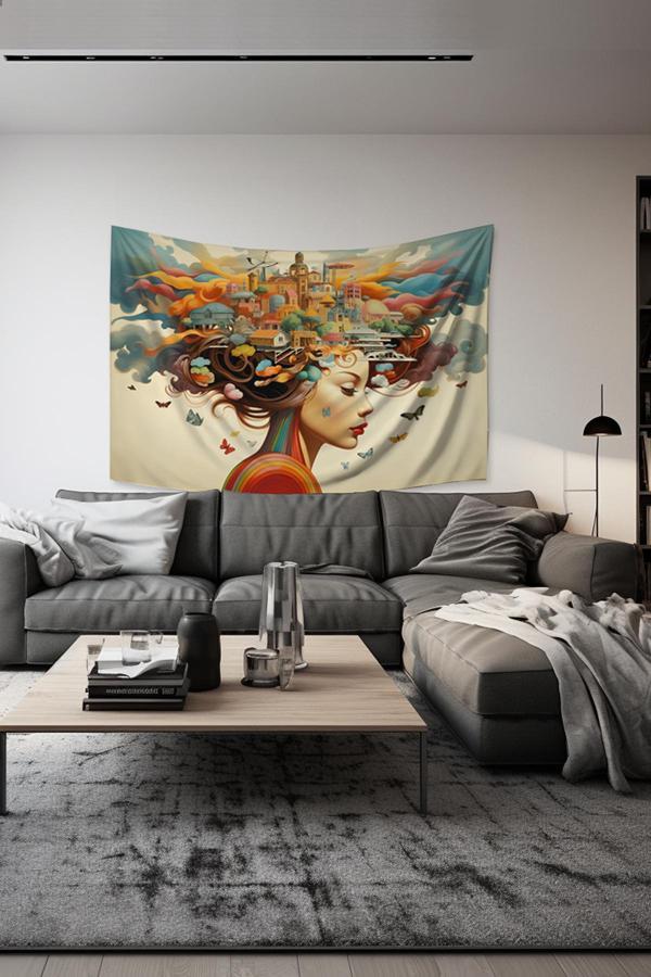 Moud'S Renkli Kadın Silüet Desenli Duvar Halısı Duvar Örtüsü Tapestry Süet Dokulu Kumaş - Image 1