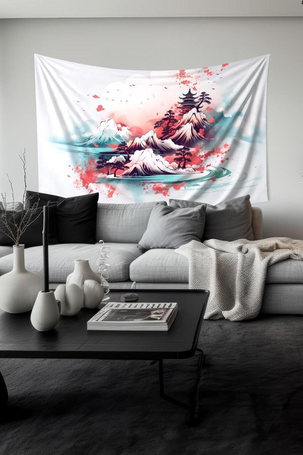 Moud'S Japon Dağı Desenli Duvar Halısı Duvar Örtüsü Tapestry Süet Dokulu Kumaş - Image 1