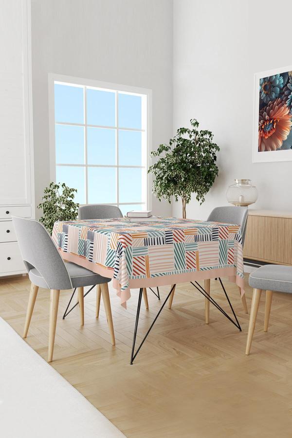 Moud'S Renkli Çizgili Kare Desenli Yuvarlak Süet Dertsiz Masa Örtüsü - Image 1