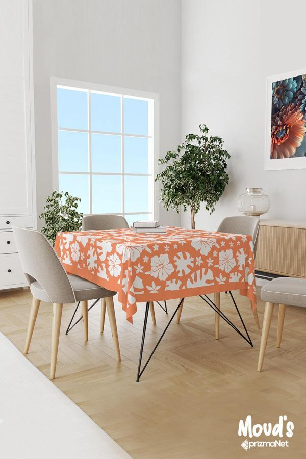 Moud'S Turuncu Yaz Çiçekleri Desenli Süet Dertsiz Masa Örtüsü - Image 1