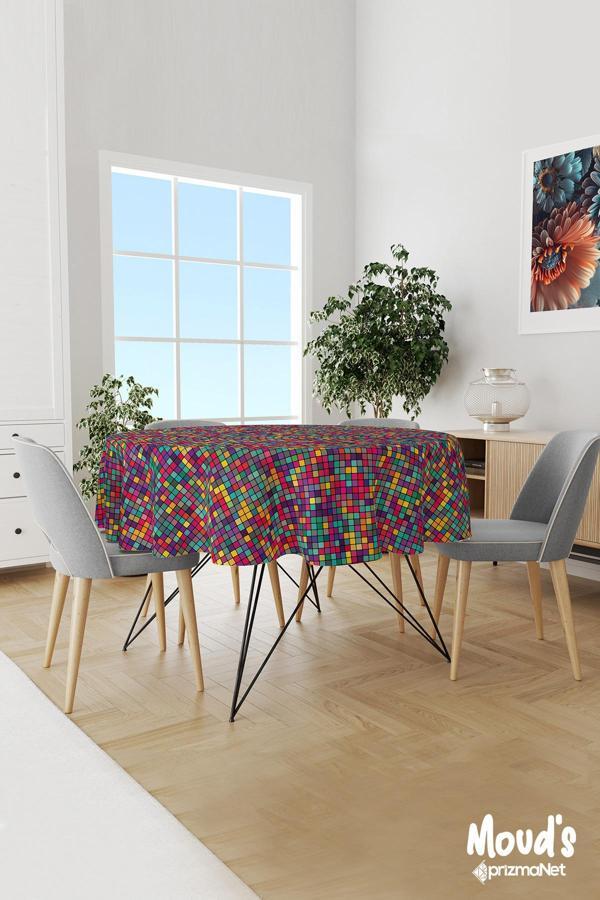 Moud'S Renkli Küçük Kare Desenli Yuvarlak Süet Dertsiz Masa Örtüsü - Image 1