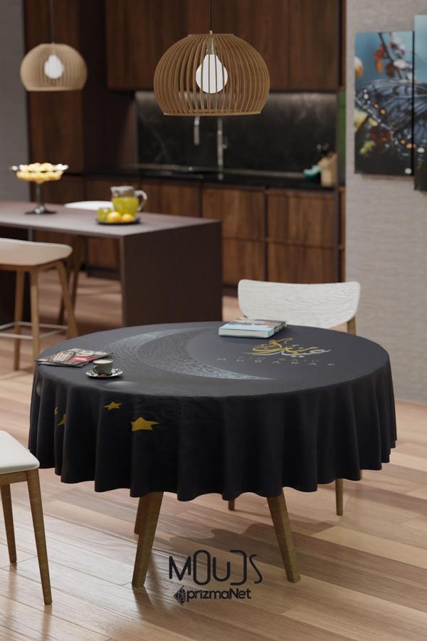 Moud'S Lacivert Ramazan Ayı Desenli Süet Kumaş Dertsiz Yuvarlak Masa Örtüsü Ramadan - Image 1