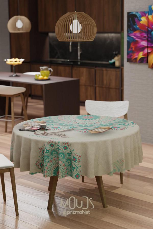 Moud'S Ramazan Turkuaz Etnik Desenli Süet Kumaş Dertsiz Yuvarlak Masa Örtüsü Ramadan - Image 1