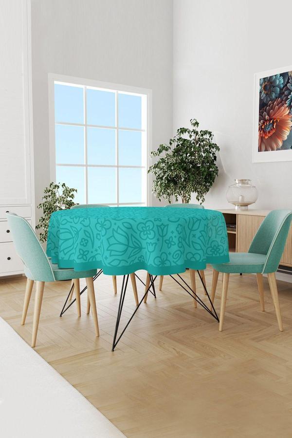 Moud'S Turkuaz Flora Serisi Desenli Yuvarlak Süet Dertsiz Masa Örtüsü - Image 1