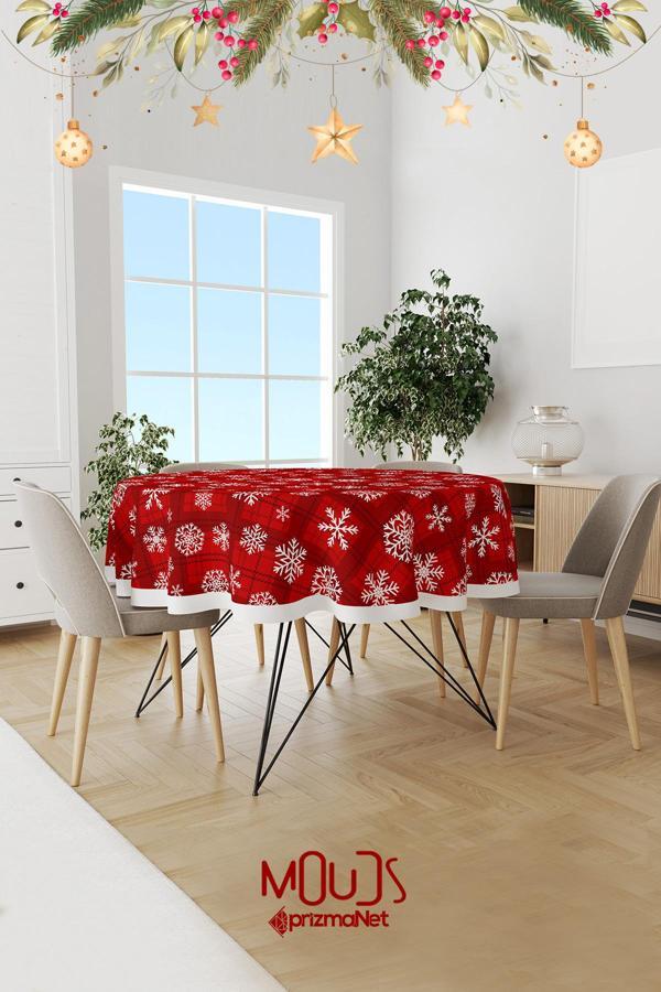 Moud'S Kareli Kar Taneleri Yılbaşı Desenli Yuvarlak Süet Dertsiz Masa Örtüsü - Image 1