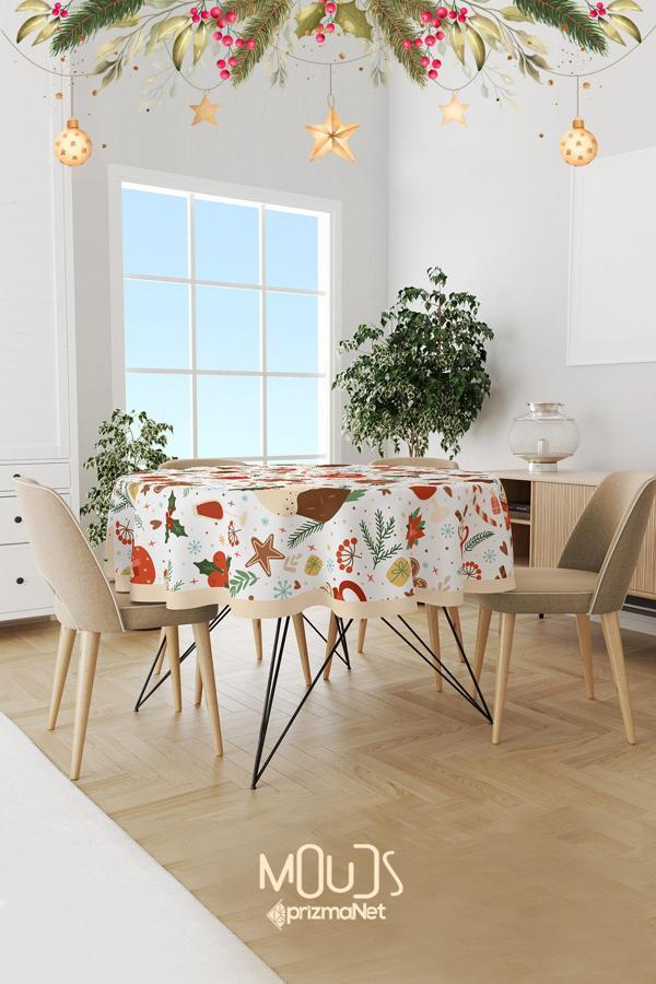Moud'S Yılbaşı Keki Desenli Yuvarlak Süet Dertsiz Masa Örtüsü - Image 1