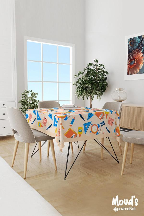 Moud'S Krem Defter Kalem Cetvel Desenli Süet Dertsiz Masa Örtüsü - Image 1