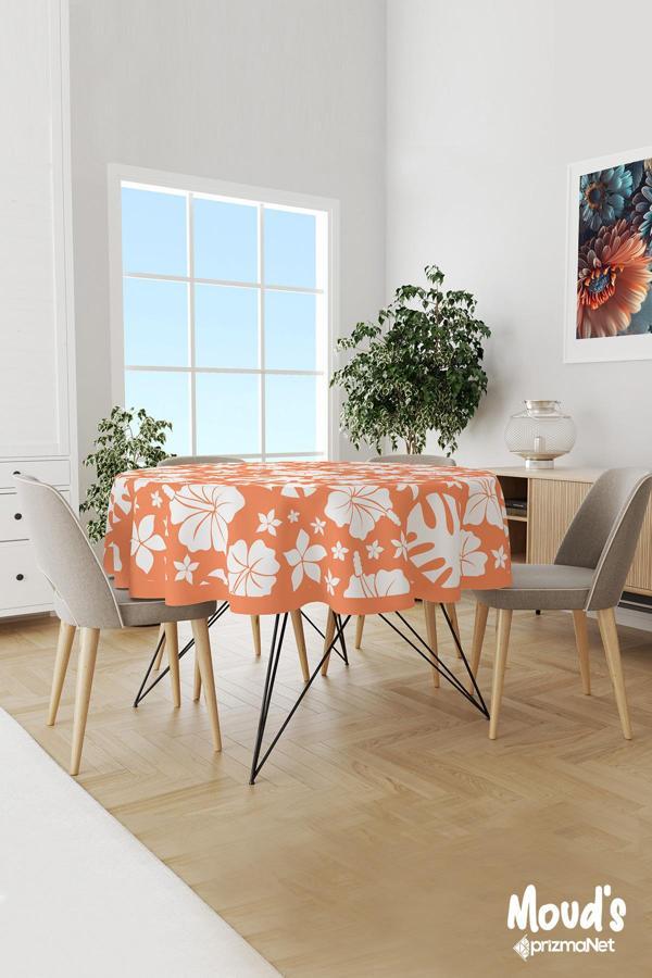Moud'S Turuncu Yaz Çiçekleri Desenli Yuvarlak Süet Dertsiz Masa Örtüsü - Image 1