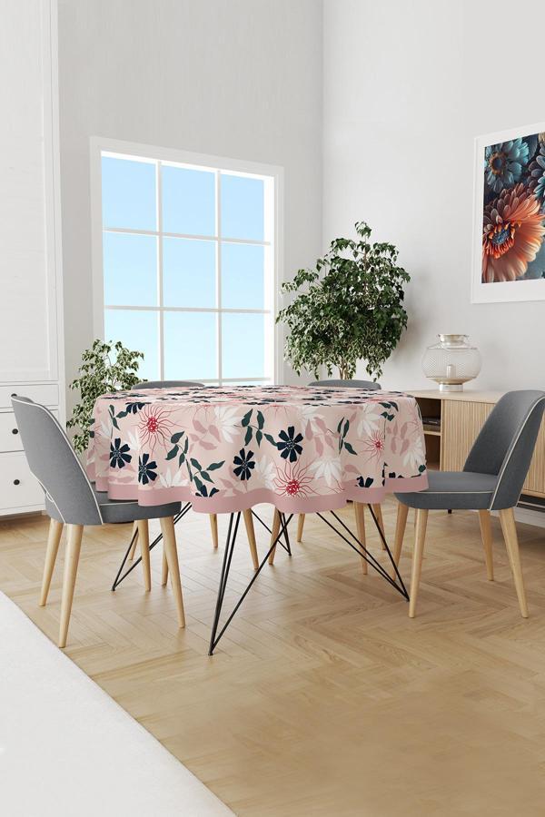 Moud'S Mirror Flowers 4 Çiçek Desenli Yuvarlak Süet Dertsiz Masa Örtüsü - Image 1