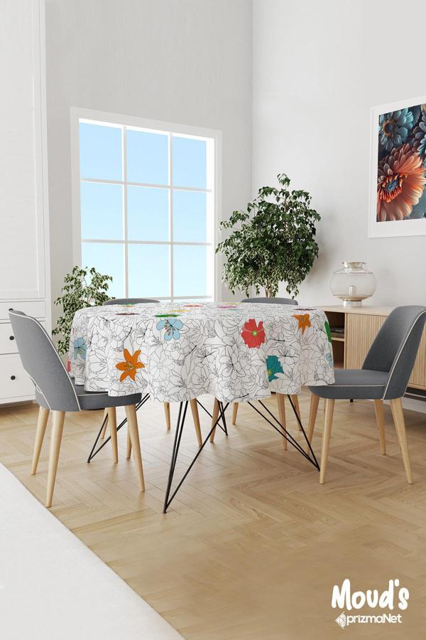 Moud'S Çiçek Serisi Desenli Yuvarlak Süet Dertsiz Masa Örtüsü - Image 1