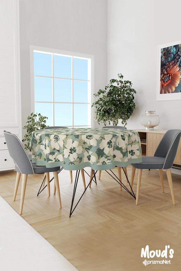 Moud'S Yeşil Çiçek Desenli Yuvarlak Süet Dertsiz Masa Örtüsü - Image 1
