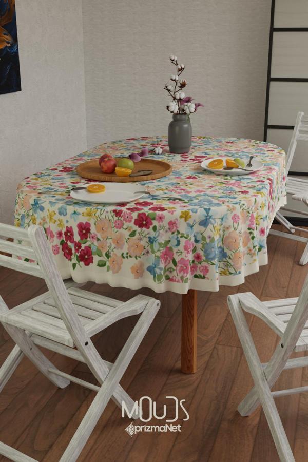 Moud'S Renkli Pastel Çiçek Desenli Süet Kumaş Dertsiz Oval Masa Örtüsü - Image 1