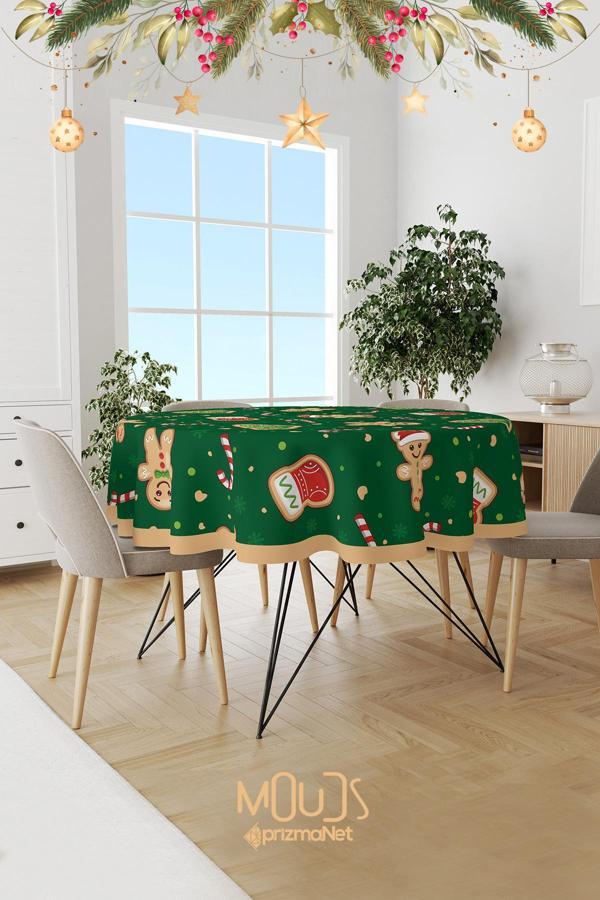 Moud'S Yeşil Yılbaşı Kurabiyeleri Desenli Yuvarlak Süet Dertsiz Masa Örtüsü - Image 1