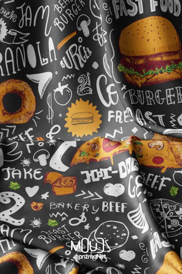 Moud'S Burger Pizza Desenli Dijital Baskılı Kumaş Süetimsi Doku En 155Cm Kms-69 - Image 1