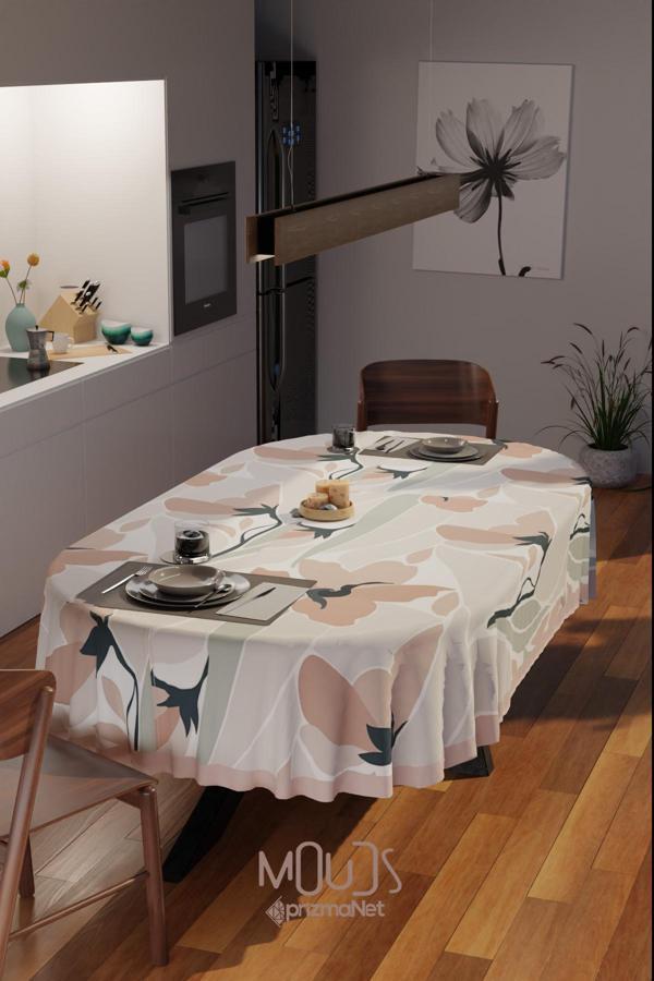 Moud'S Mirror Flowers Çiçek Desenli Süet Kumaş Dertsiz Oval Masa Örtüsü - Image 1