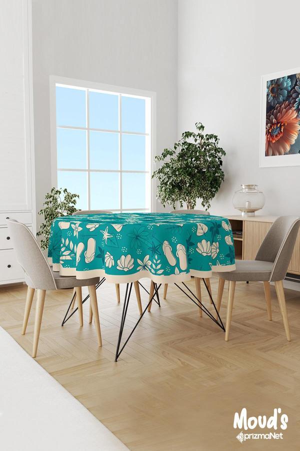 Moud'S Mavi Palmiyeler Desenli Yuvarlak Süet Dertsiz Masa Örtüsü - Image 1