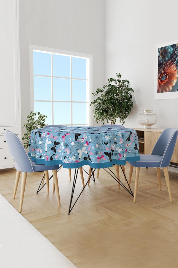 Moud'S Mavi Kelebekler Desenli Yuvarlak Süet Dertsiz Masa Örtüsü - Image 1