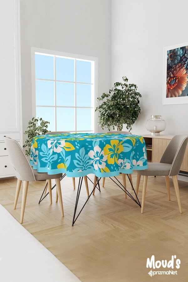 Moud'S Mavi Yaz Çiçekleri Desenli Yuvarlak Süet Dertsiz Masa Örtüsü - Image 1