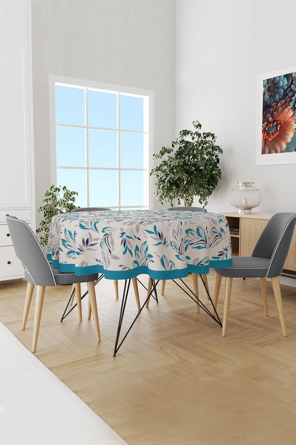 Moud'S Mavi Çiçek Desenli Yuvarlak Süet Dertsiz Masa Örtüsü - Image 1