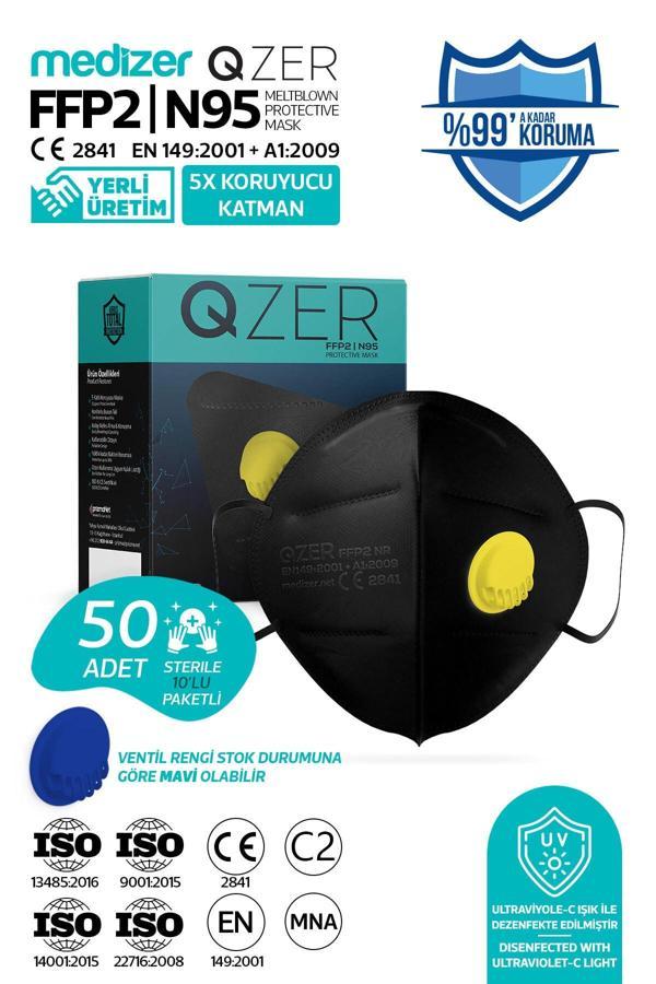 Medizer Qzer Siyah 5 Katlı Ventilli Ffp2 Nr Toz Maskesi 50 Adet - Image 1