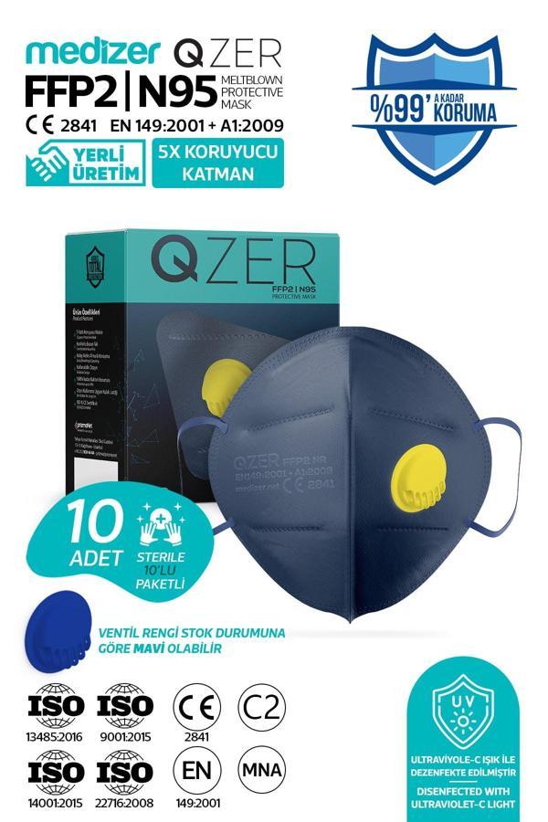 Medizer Qzer Lacivert 5 Katlı Ventilli Ffp2 Nr Toz Maskesi 10 Adet Iş Maskesi - Image 1