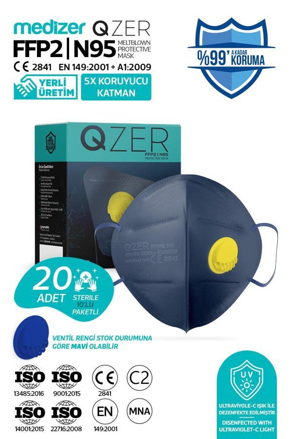 Medizer Qzer Lacivert 5 Katlı Ventilli Ffp2 Nr Toz Maskesi 20 Adet Iş Maskesi - Image 1
