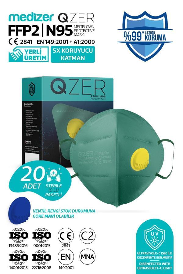 Medizer Qzer Yeşil 5 Katlı Ventilli Ffp2 Nr Toz Maskesi 20 Adet Iş Maskesi - Image 1