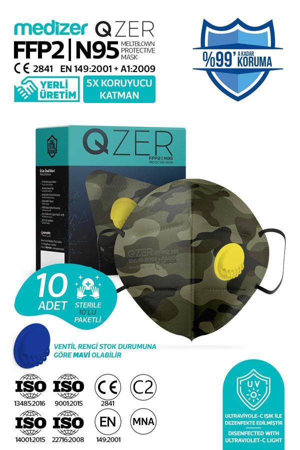 Medizer Qzer Yeşil Kamuflaj Desenli 5 Katlı Ventilli Ffp2 Nr Toz Maskesi 10 Adet Iş Maskesi - Image 1