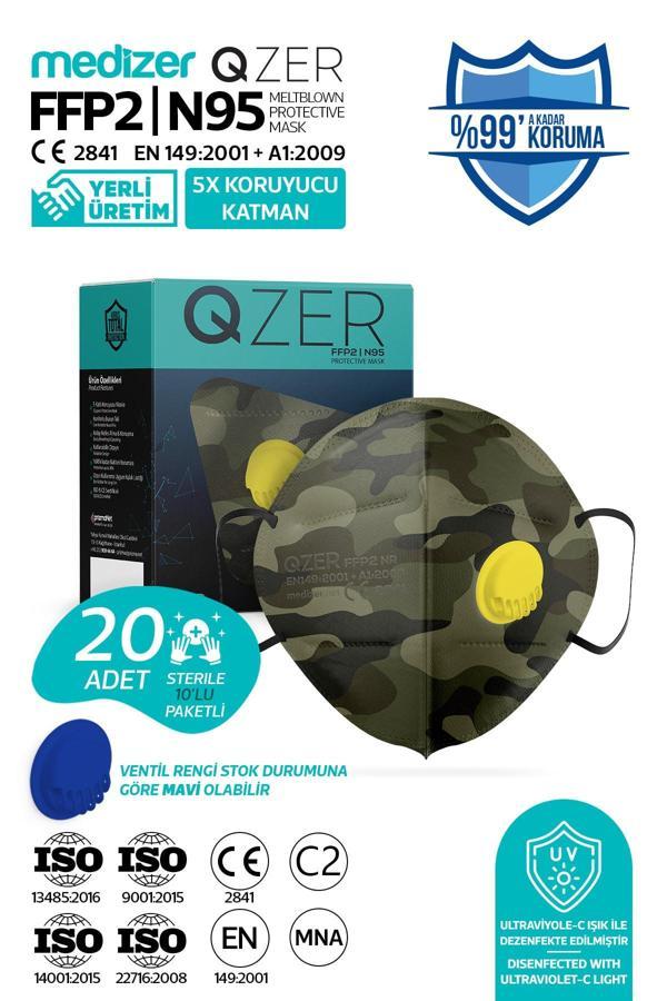 Medizer Qzer Yeşil Kamuflaj Desenli 5 Katlı Ventilli Ffp2 Nr Toz Maskesi 20 Adet Iş Maskesi - Image 1