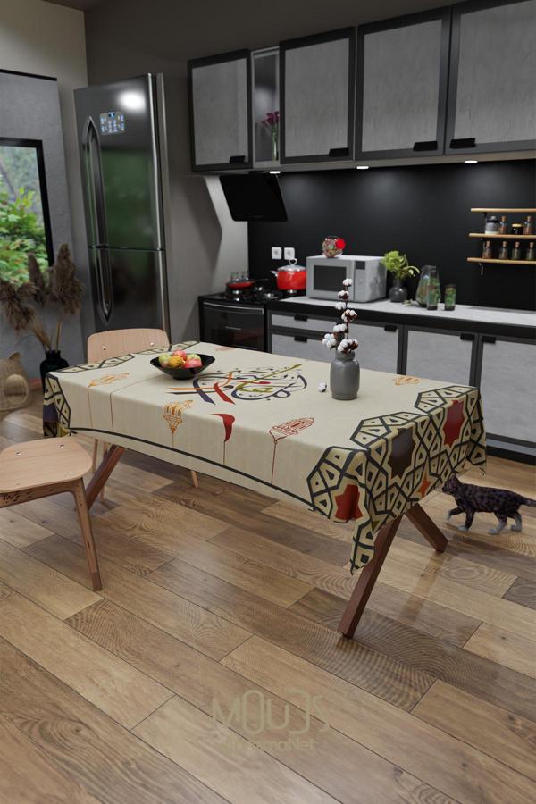 Moud'S Ramazan Pastel Kaligrafi Desenli Süet Kumaş Dertsiz Masa Örtüsü Kare Ve Dikdörtgen Ramadan - Image 1