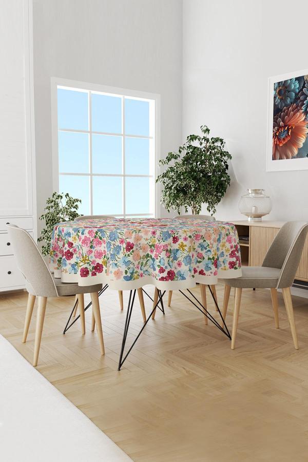 Moud'S Renkli Pastel Çiçek Desenli Yuvarlak Süet Dertsiz Masa Örtüsü - Image 1