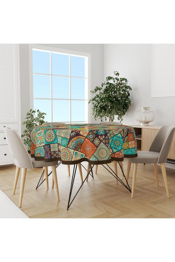 Moud'S Osmanlı Desenli Yuvarlak Süet Dertsiz Masa Örtüsü - Image 1