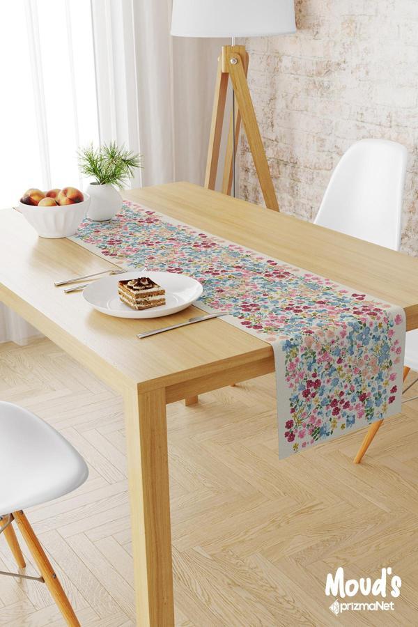 Moud'S Renkli Pastel Çiçek Desenli Baskılı Süet Runner Masa Örtüsü - Image 1