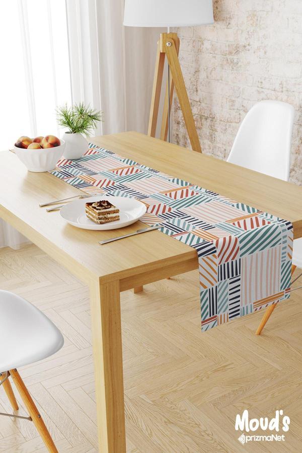 Moud'S Renkli Çizgili Kare Desenli Baskılı Süet Runner Masa Örtüsü - Image 1