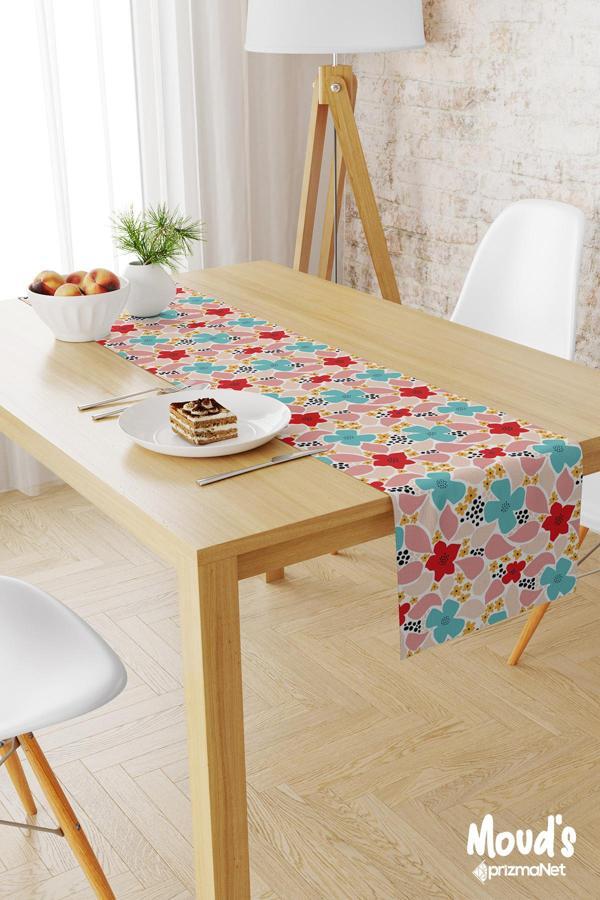 Moud'S Canlı Renkli Çiçekler Desenli Baskılı Süet Runner Masa Örtüsü - Image 1