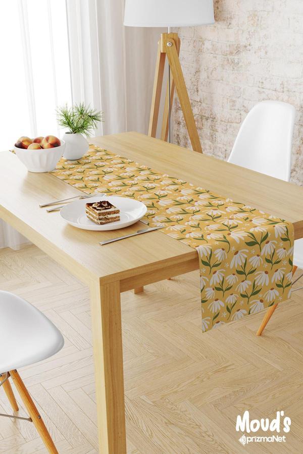 Moud'S Camomile Papatya 2 Desenli Baskılı Süet Runner Masa Örtüsü - Image 1