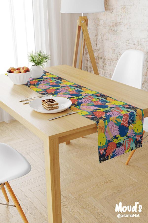 Moud'S Renkli Yapraklar Desenli Baskılı Süet Runner Masa Örtüsü - Image 1