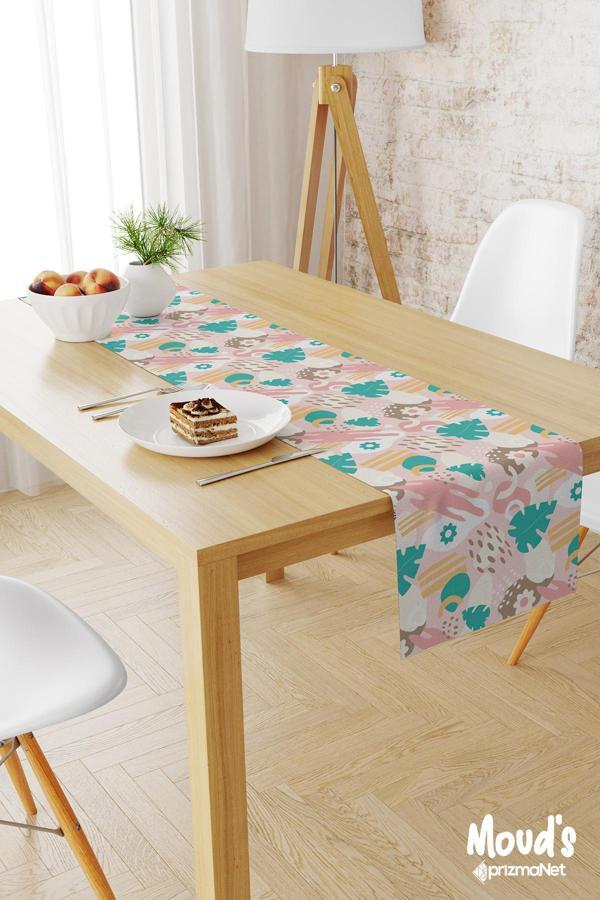 Moud'S Pastel Çiçek Ve Yaprak Desenli Baskılı Süet Runner Masa Örtüsü - Image 1