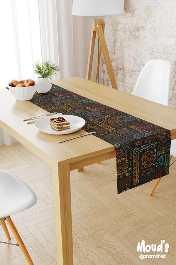 Moud'S Hitit Figür 4 Desenli Baskılı Süet Runner Masa Örtüsü - Image 1