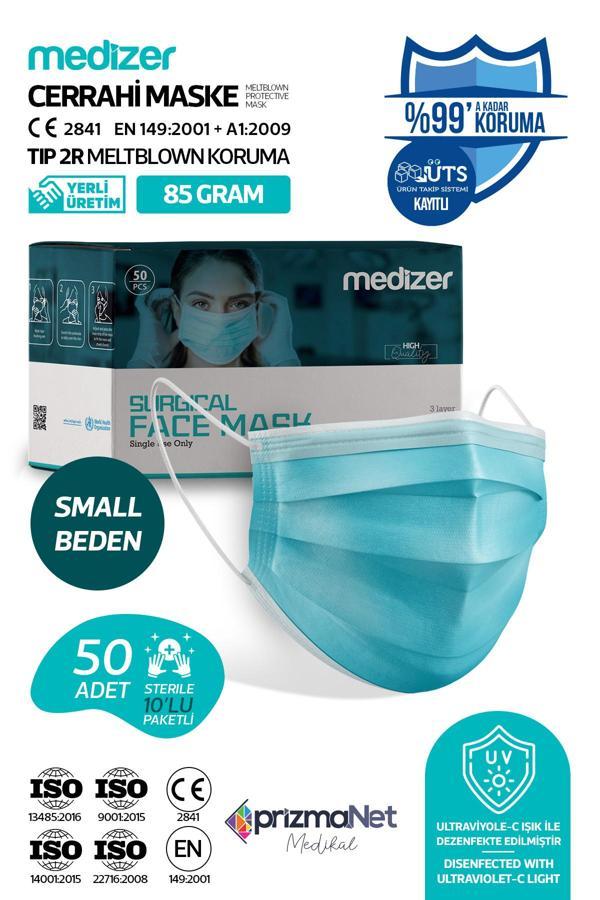 Medizer Meltblown Small Beden Yetişkin Mavi Cerrahi Maske 50 Adet - Telli - Image 1