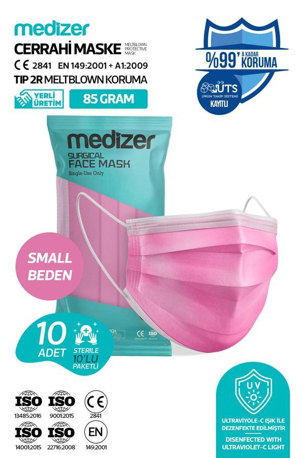 Medizer Meltblown Small Beden Yetişkin Pembe Cerrahi Maske 10'Lu 1 Paket - Telli - Image 1